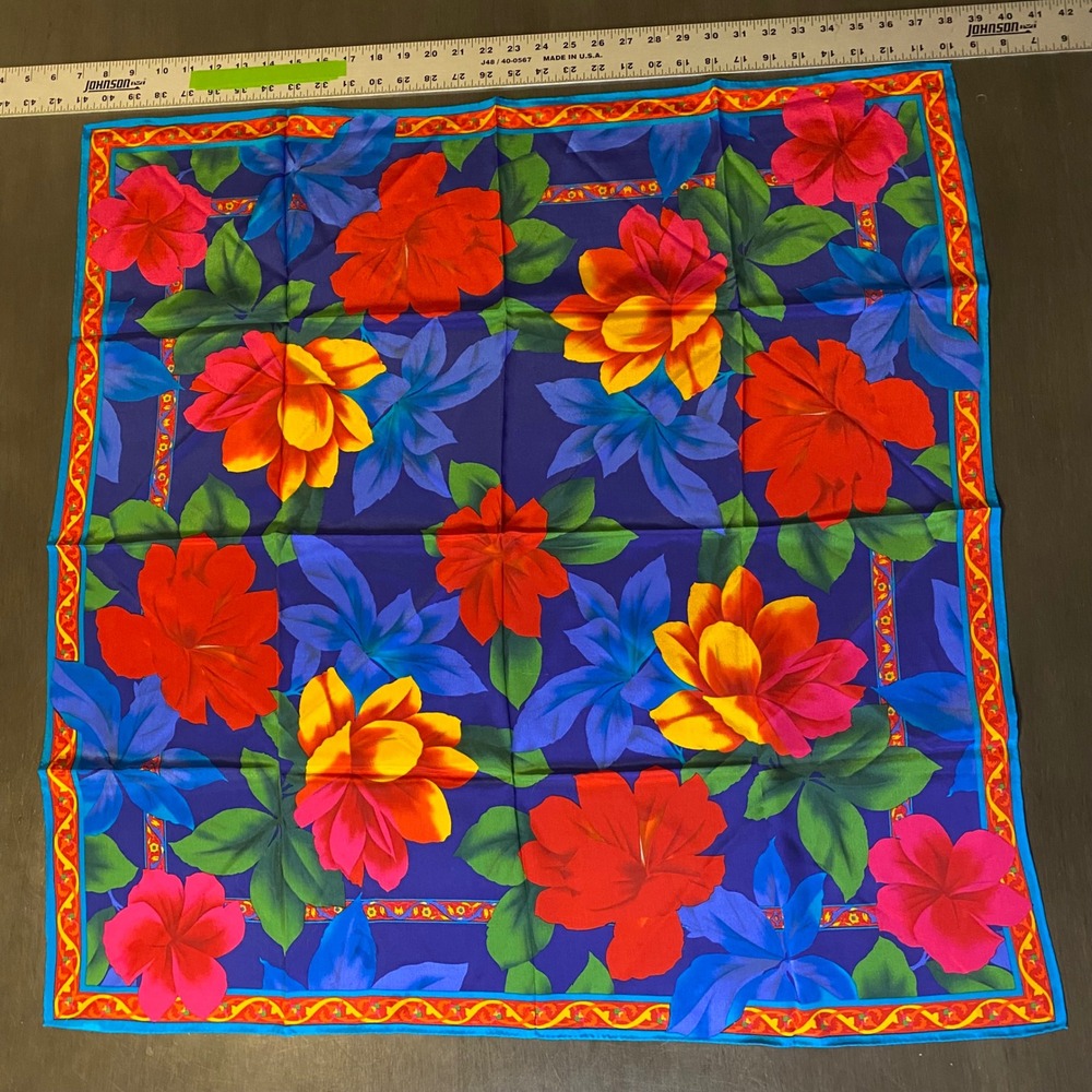 Vintage Tropical Floral Silk Scarf Large Square Hibiscus Navy Blue Red 34x34